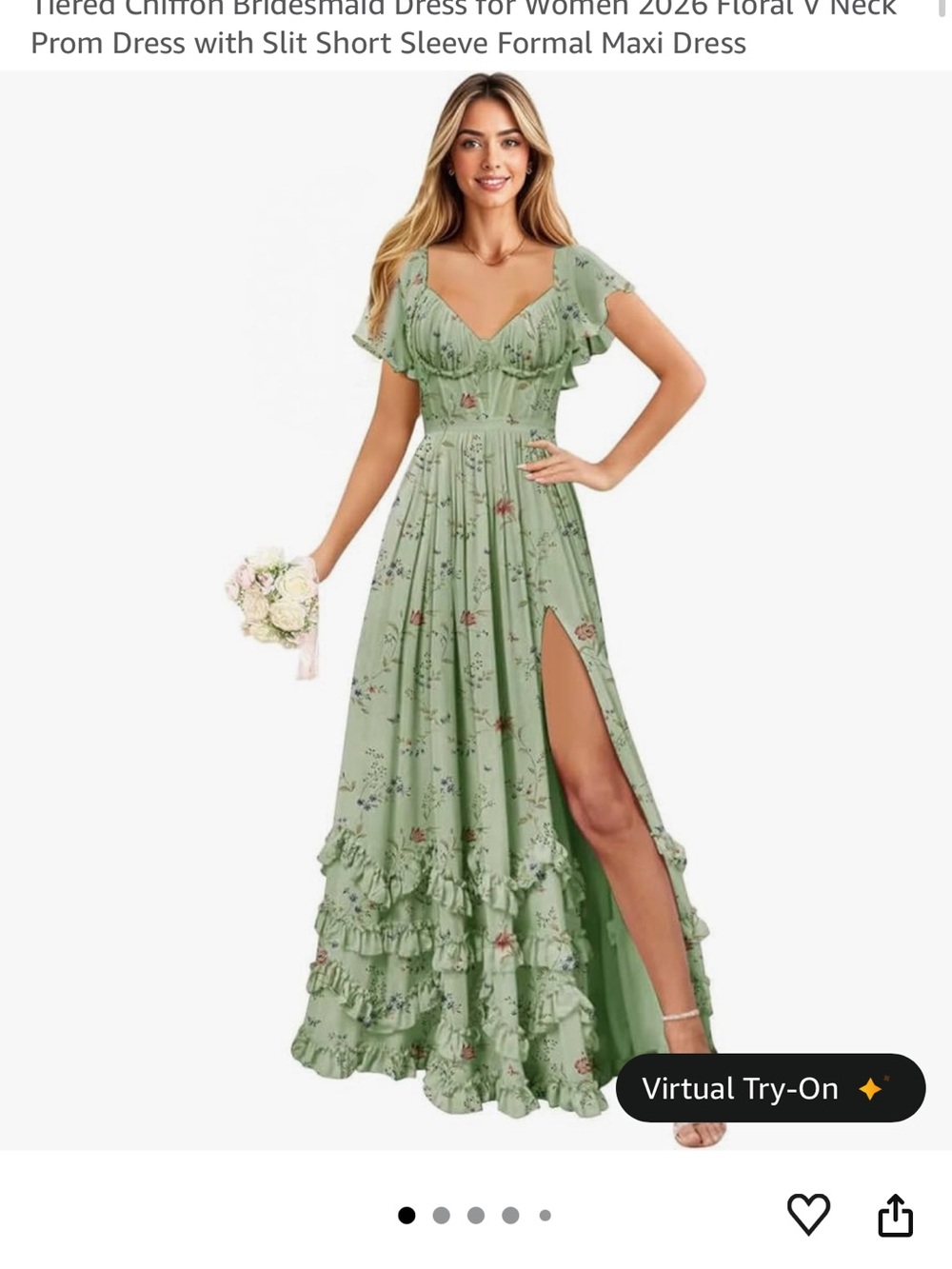 Amazon Sage Green Floral V-Neck Tiered Maxi Dress